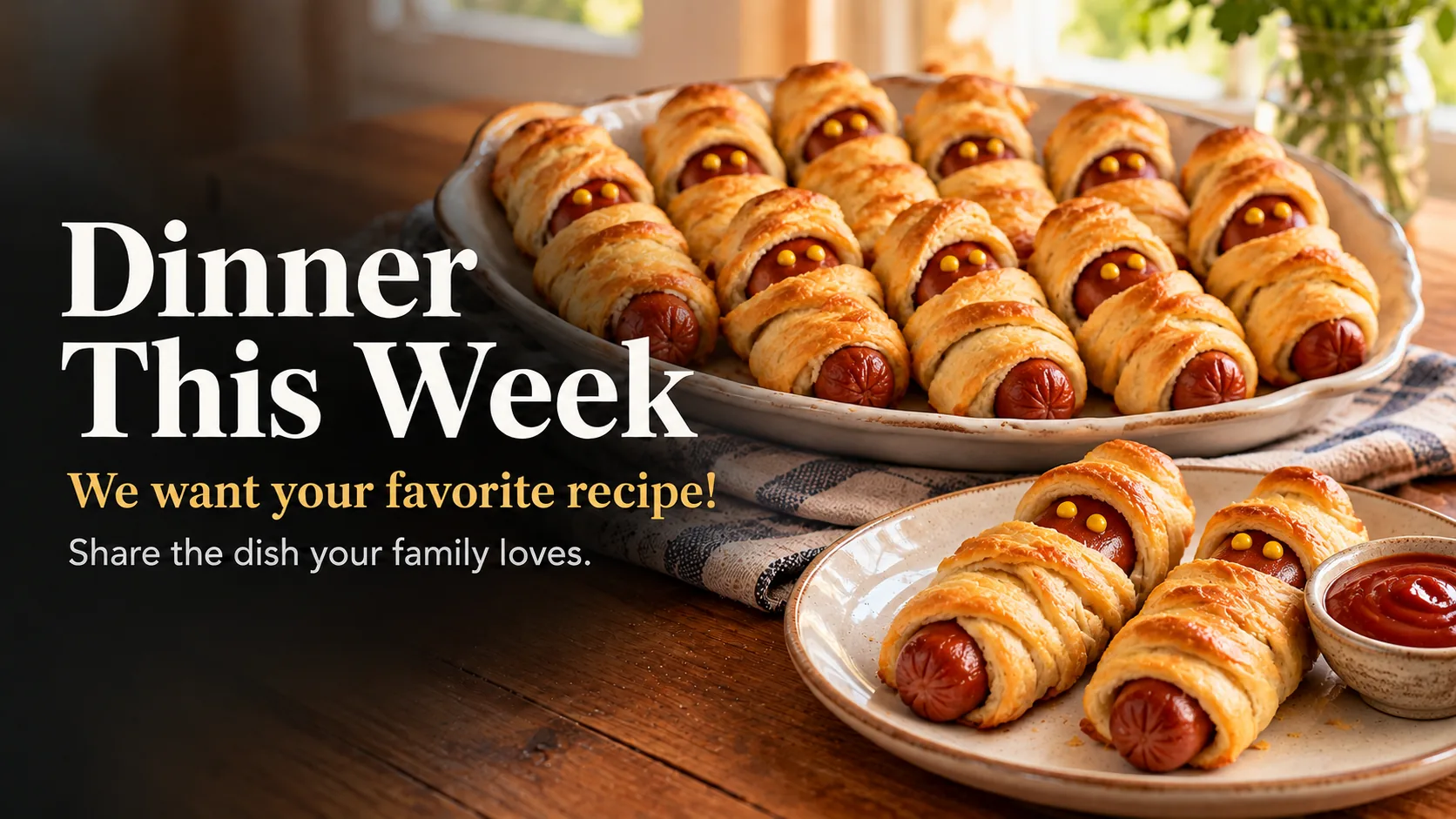 Hot dogs wrapped in strips of golden crescent dough with mustard eyes, on a platter beside a bowl of ketchup.